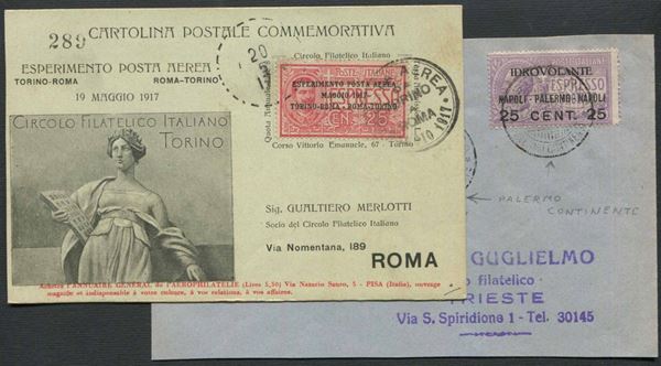 1917, POSTA AEREA UNA CARTOLINA “ESPERIMENTO DI POSTA AEREA-TORINO-ROMA”.