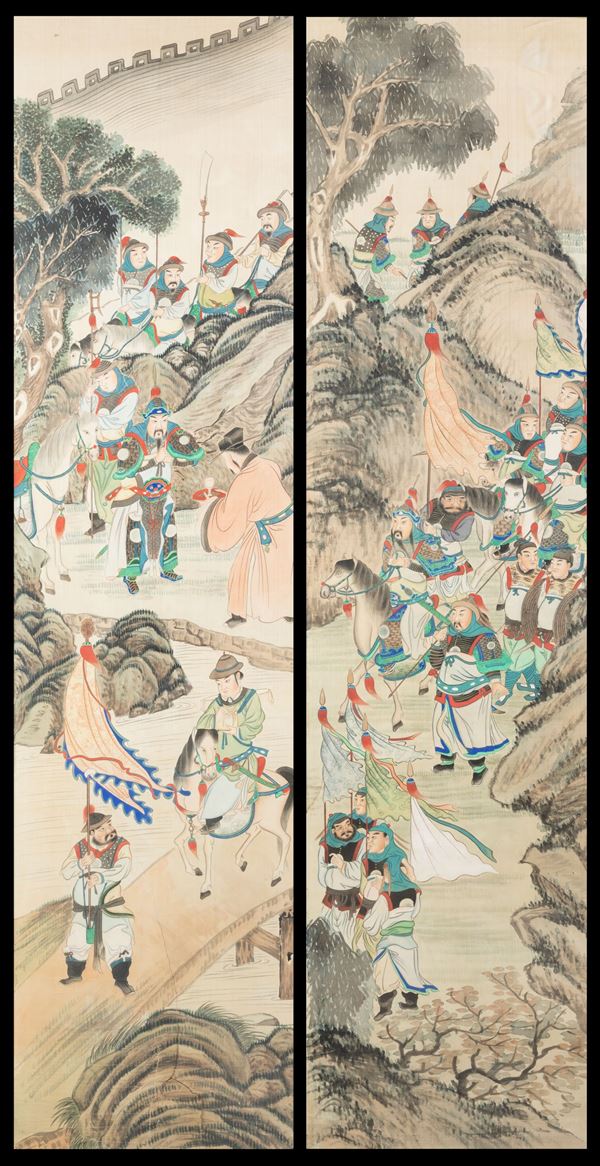Coppia di dipinti su seta raffiguranti guerrieri, Cina, Dinastia Qing, XIX secolo