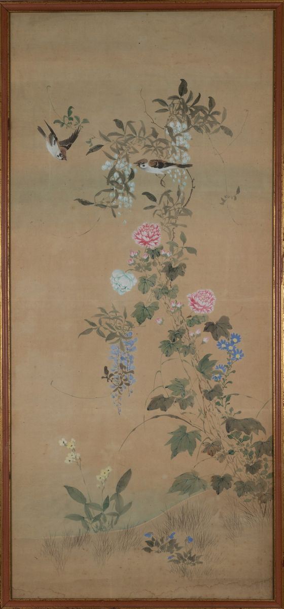 Dipinto su carta raffigurante uccellini tra i rami in fiore, Cina, Dinastia Qing, XIX secolo