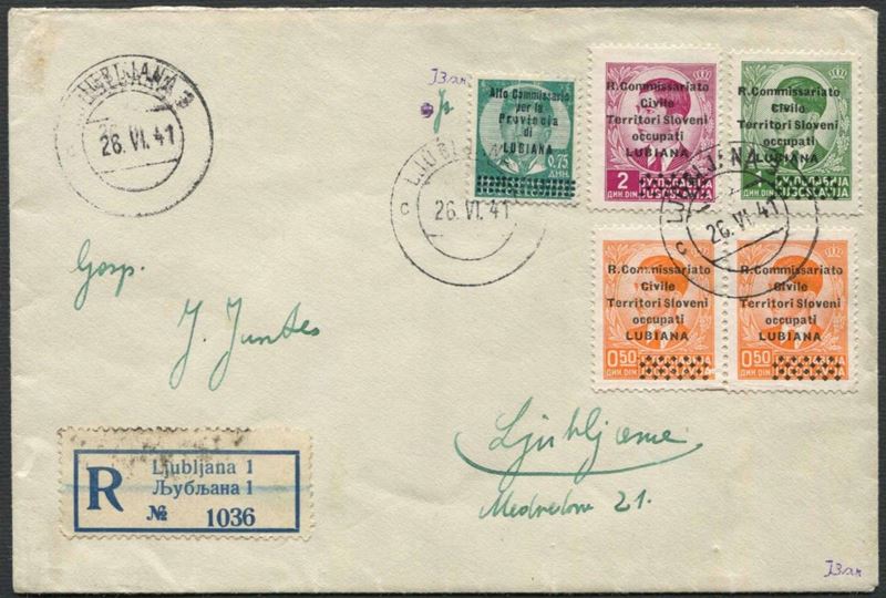 1941, OCCUPAZIONE ITALIANA LUBIANA, RACCOMANDATA DA LUBIANA PER CITTÀ DEL 26 GIUGNO 1941.  - Auction Philately - Cambi Casa d'Aste