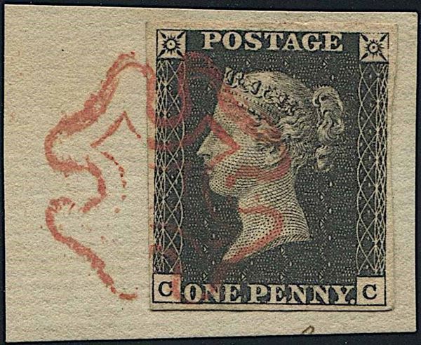 1840, GREAT BRITAIN, ONE PENNY BLACK, “CC”.