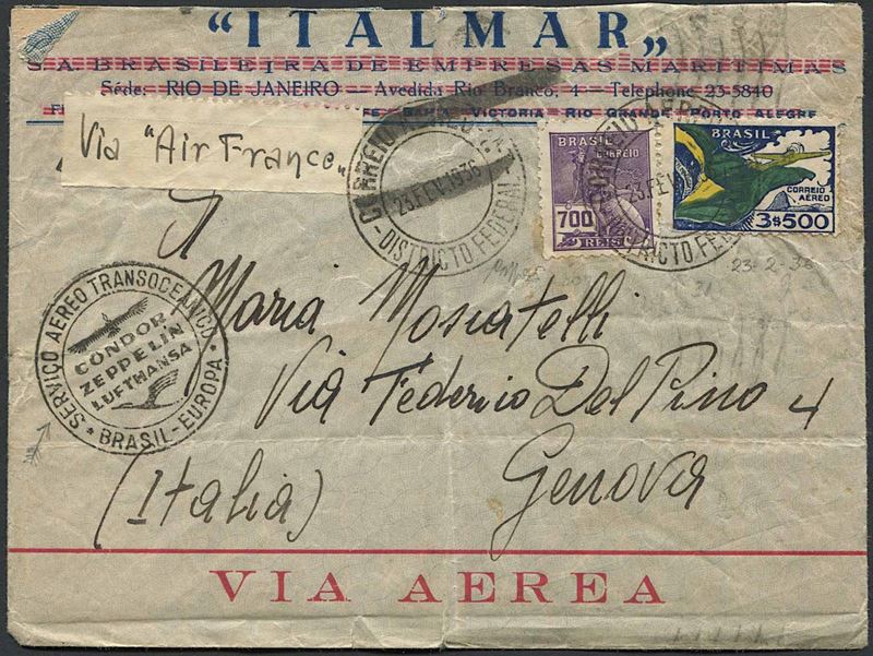1936, BRASILE, BUSTA DA RIO DE JANEIRO PER GENOVA, DEL 23 FEBBRAIO 1936.  - Auction Philately - Cambi Casa d'Aste