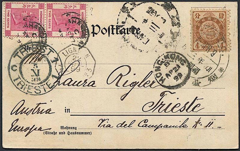 1899, CHINA, (APR.17) A MIXED FRANKING PICTURE POSTCARD FROM CHEFOO TO TRIEST.  - Auction Philately - Cambi Casa d'Aste