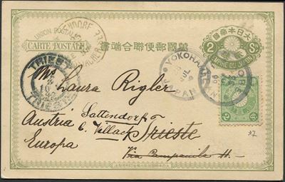 1899 (july 26), Japan, 2 Sen Green Foreign Mail Postacard From Kobe To Trieste.