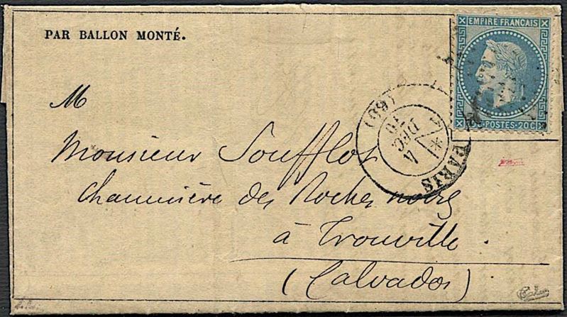 1870, FRANCIA, BALLON MONTÈ, 20 CENT. NAPOLEONE III (YV. 29B).  - Auction Philately - Cambi Casa d'Aste