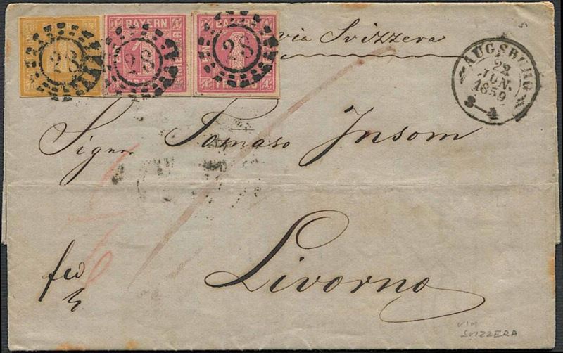 1859, BAVIERA, LETTERA DA AUGUSTA PER LIVORNO DEL 22 GIUGNO 1859.  - Auction Philately - Cambi Casa d'Aste