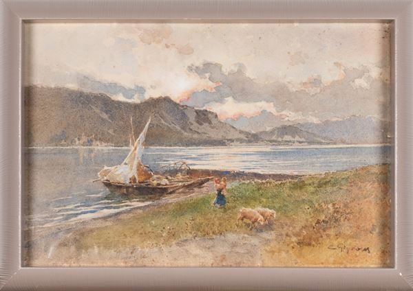 Eugenio Gignous - Barche in riva al lago con pecore