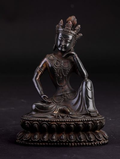 Figura in Bronzo Raffigurante Tara Seduta su Doppio Fiore di Loto, Tibet, XIX Secolo