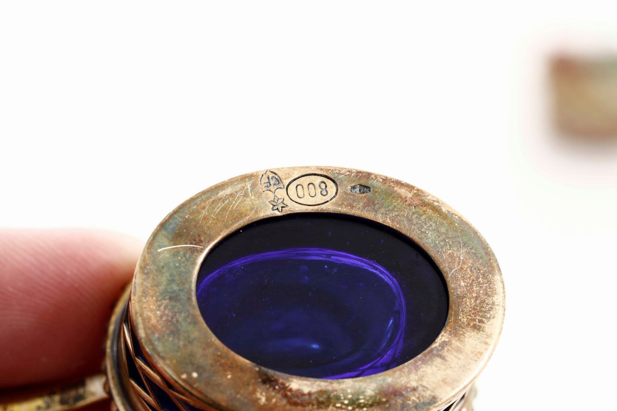 Sei Saliere in Argento Dorato, Smalti Policromi e Vetro Blu Cobalto. Argenteria Milanese del XX S...