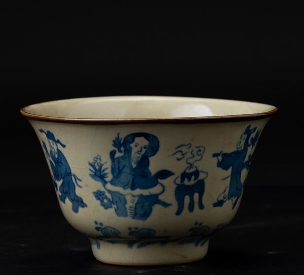Ciotola in porcellana con personaggi sui toni del blu, Cina, Dinastia Qing, XIX secolo