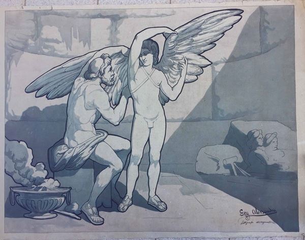Alessandro Gay (XIX secolo) Grande disegno firmato, Dedalo e Icaro, imponente acquerello neoclassico Dedalo mette le ali a Icaro