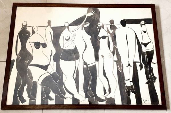 A.Calvì. Grande composizione a china, 1951 Nudi di donne