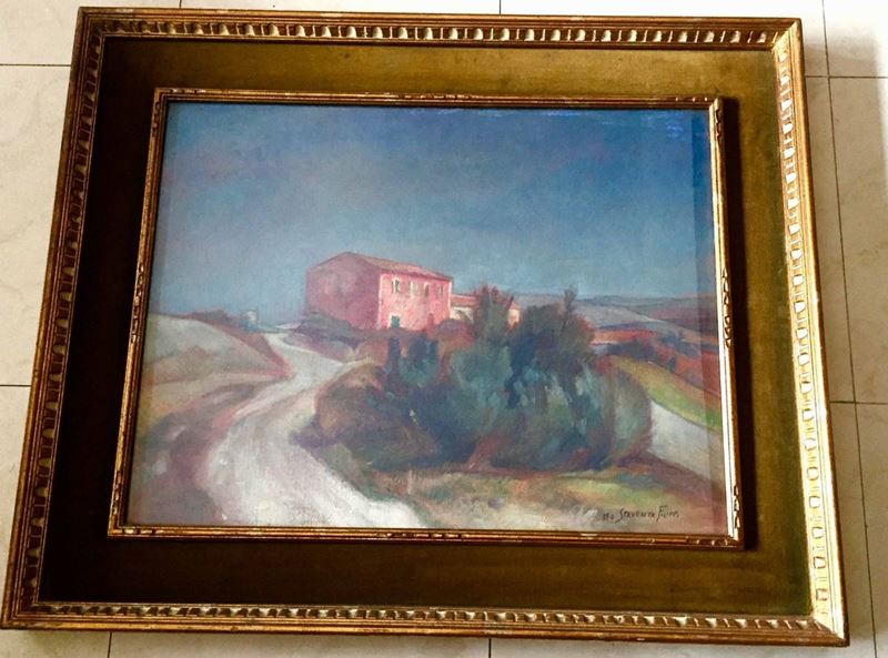 Leo Spaventa Filippi (1912 – 1999) Paesaggio con casa rossa  - Asta Antico e Moderno: 290 lotti da un affidamento privato | Cambi Time - Cambi Casa d'Aste
