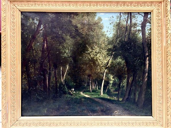 Pittore di Barbizon (?) XIX secolo Paesaggio boschivo con contadina