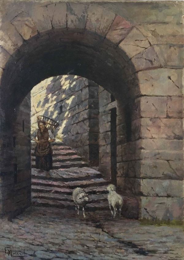 Francesco Mazzucchi (1896 - 1967) Arco e scalinata con pastorella e pecore