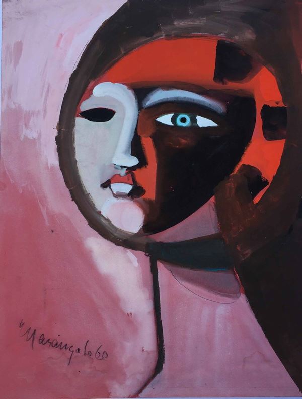Franz Marangolo (1912 - 1995), tecnica mista Grande testa femminile in rosso e nero