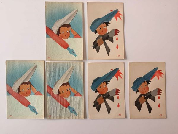 Marandolani, Piacenza, anni'30, Sei cartoline in panno Lenci eseguite a mano