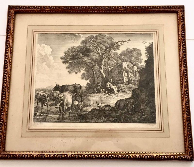 C.Nicolaes Berghem (1620 - 1683) delineavit Paesaggio bucolico”,1660 ca  - Asta Antico e Moderno: 290 lotti da un affidamento privato | Cambi Time - I - Cambi Casa d'Aste