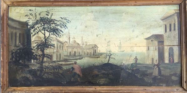 Scuola veneta del XVIII secolo Capriccio con laguna