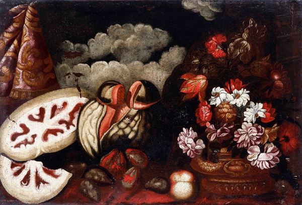 Scuola del XVII-XVIII secolo Natura morta con angurie e vaso di fiori