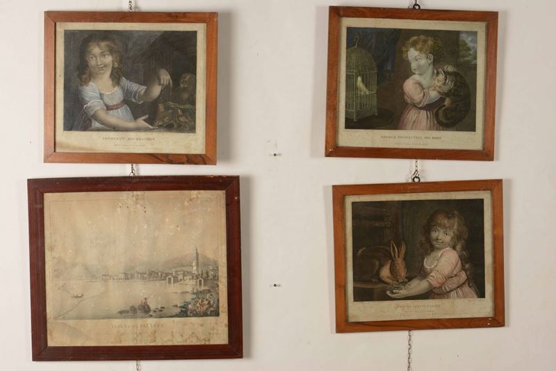 Lotto di quattro incisioni acquerellate. XIX secolo  - Auction A Lombard Property | Cambi Time - Cambi Casa d'Aste