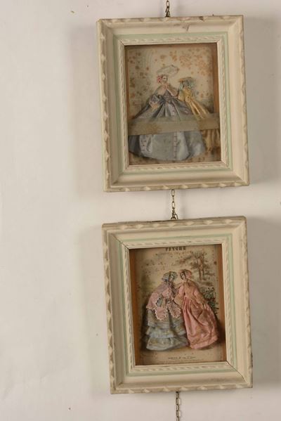Coppia di Stampe Raffiguranti Personaggi Femminili con Inserti in Tessuto. Francia, XIX Secolo. i...