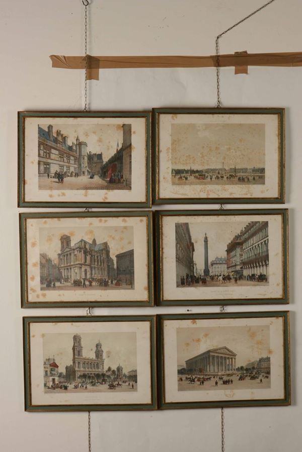 Gruppo di sei incisioni 'Paris dans sa splendeur' raffiguranti scorci e architetture parigine. XIX secolo