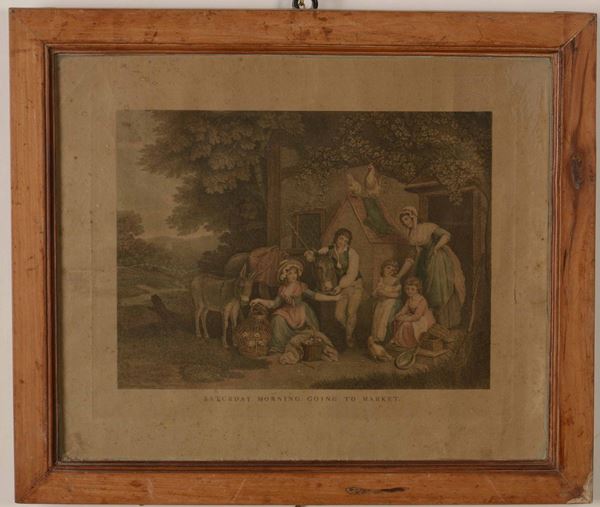 Incisione a colori "Saturday Morning going to Market" da un dipinto di William Redmore Bigg. Fine XVIII secolo