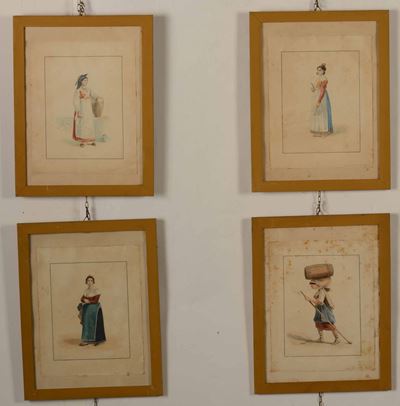 Gruppo di Otto Incisioni Raffiguranti Personaggi in Costume. XIX Secolo