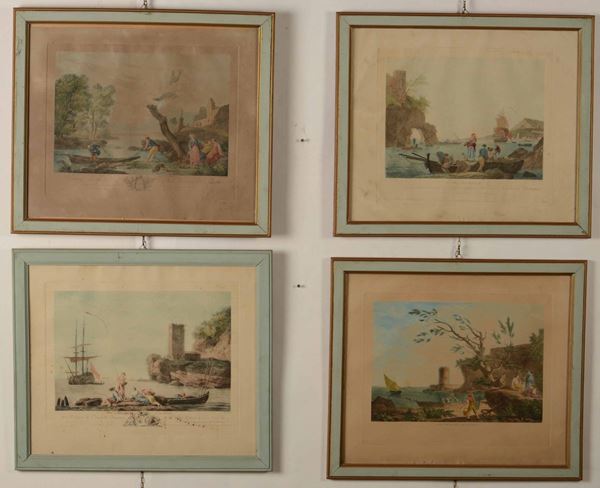 Gruppo di sei incisioni acquerellate raffiguranti scene di pesca. XIX secolo