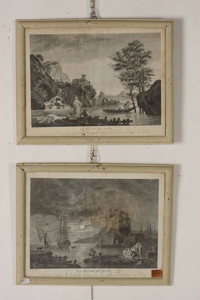 Coppia di Stampe 'la Pêche De Jour' e 'la Pêche De Nuit', da Opere di Vernet, Francia XIX Secolo