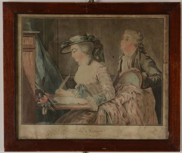 Stampa colorata raffigurante "La Mesiance". Francia XIX secolo