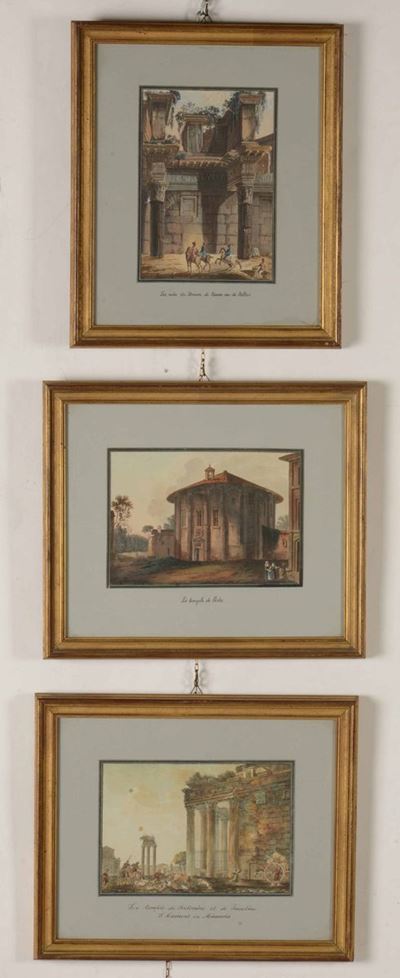 Tre Incisioni Acquerellate Raffiguranti Templi. Francia XIX Secolo