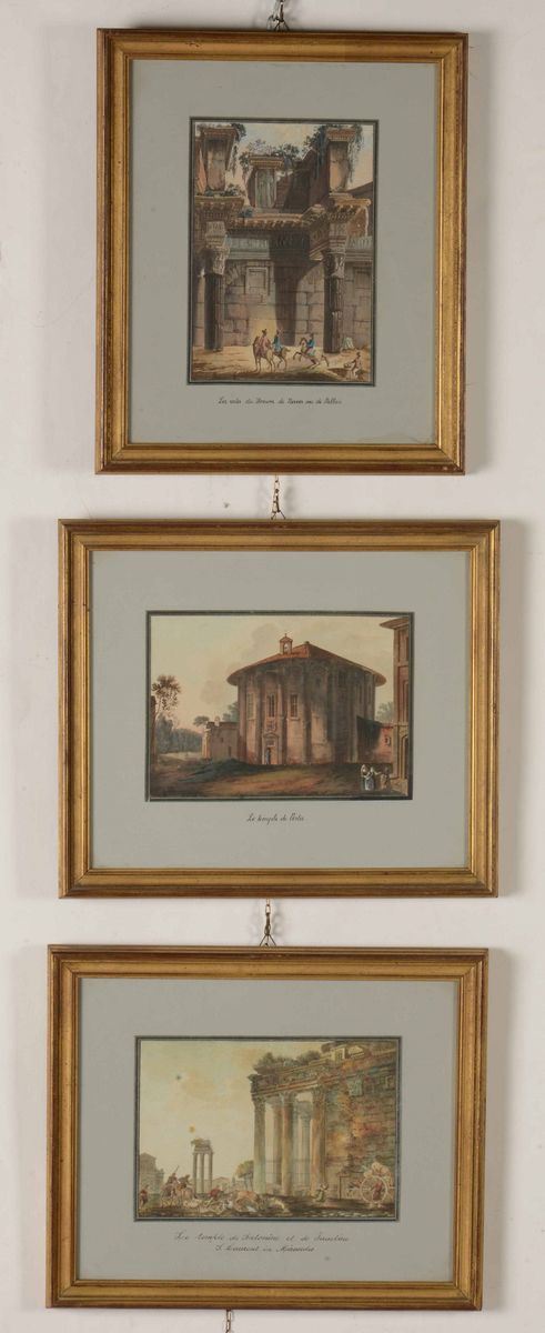 Tre incisioni acquerellate raffiguranti Templi. Francia XIX secolo
