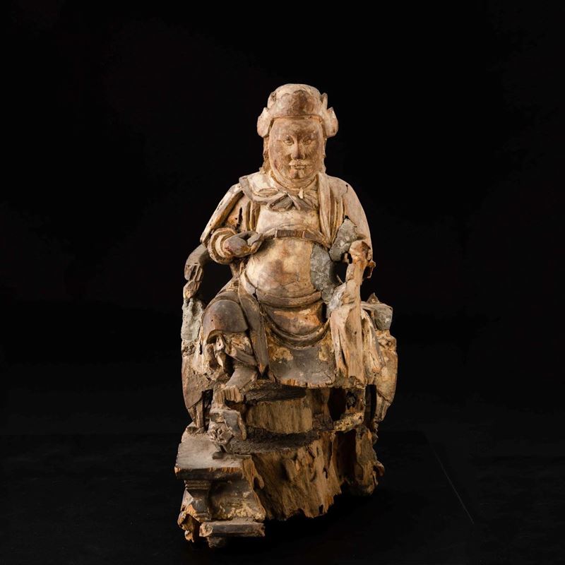 Figura di dignitario scolpita in legno, Cina, Dinastia Ming, XVII secolo  - Asta Chinese Works of Art - II - Cambi Casa d'Aste