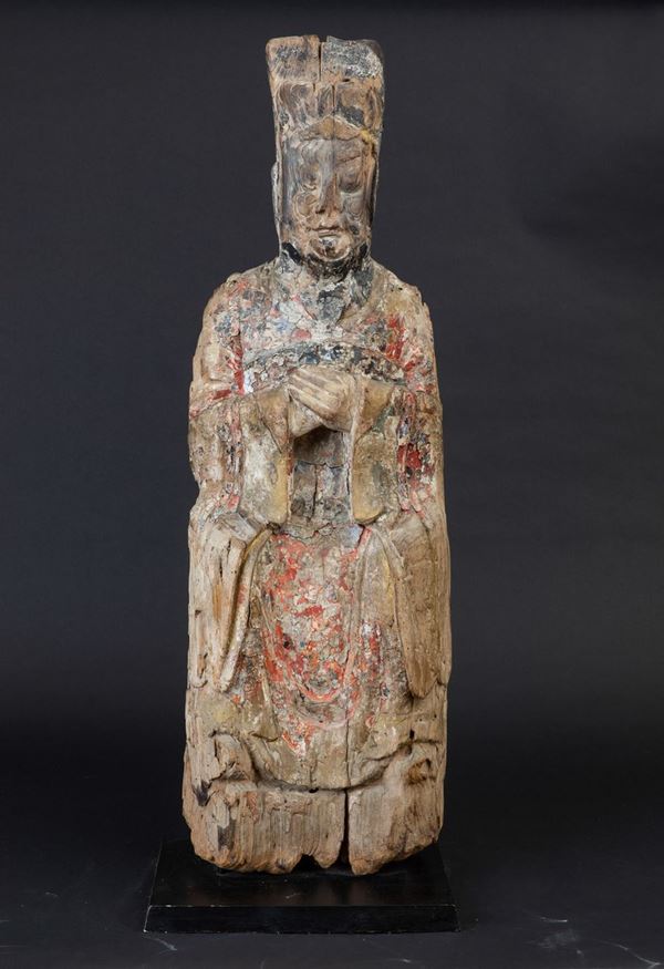 Figura di Wenchang Dijun scolpita in legno con tracce di policromi, Cina, Dinastia Ming, XVII secolo