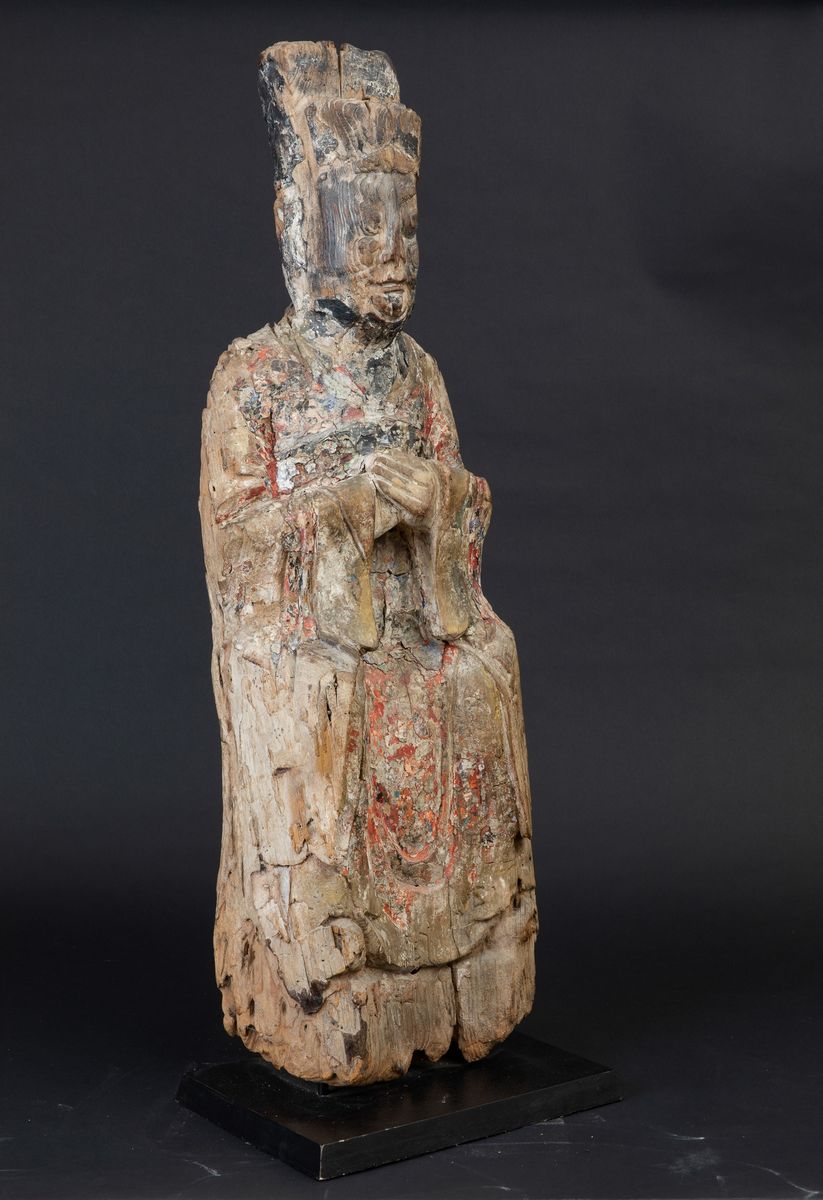 Figura di Wenchang Dijun Scolpita in Legno con Tracce di Policromi, Cina, Dinastia Ming, XVII Sec...