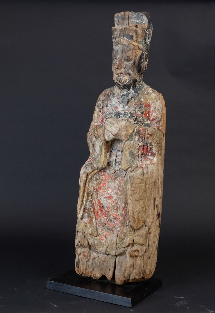 Figura di Wenchang Dijun Scolpita in Legno con Tracce di Policromi, Cina, Dinastia Ming, XVII Sec...
