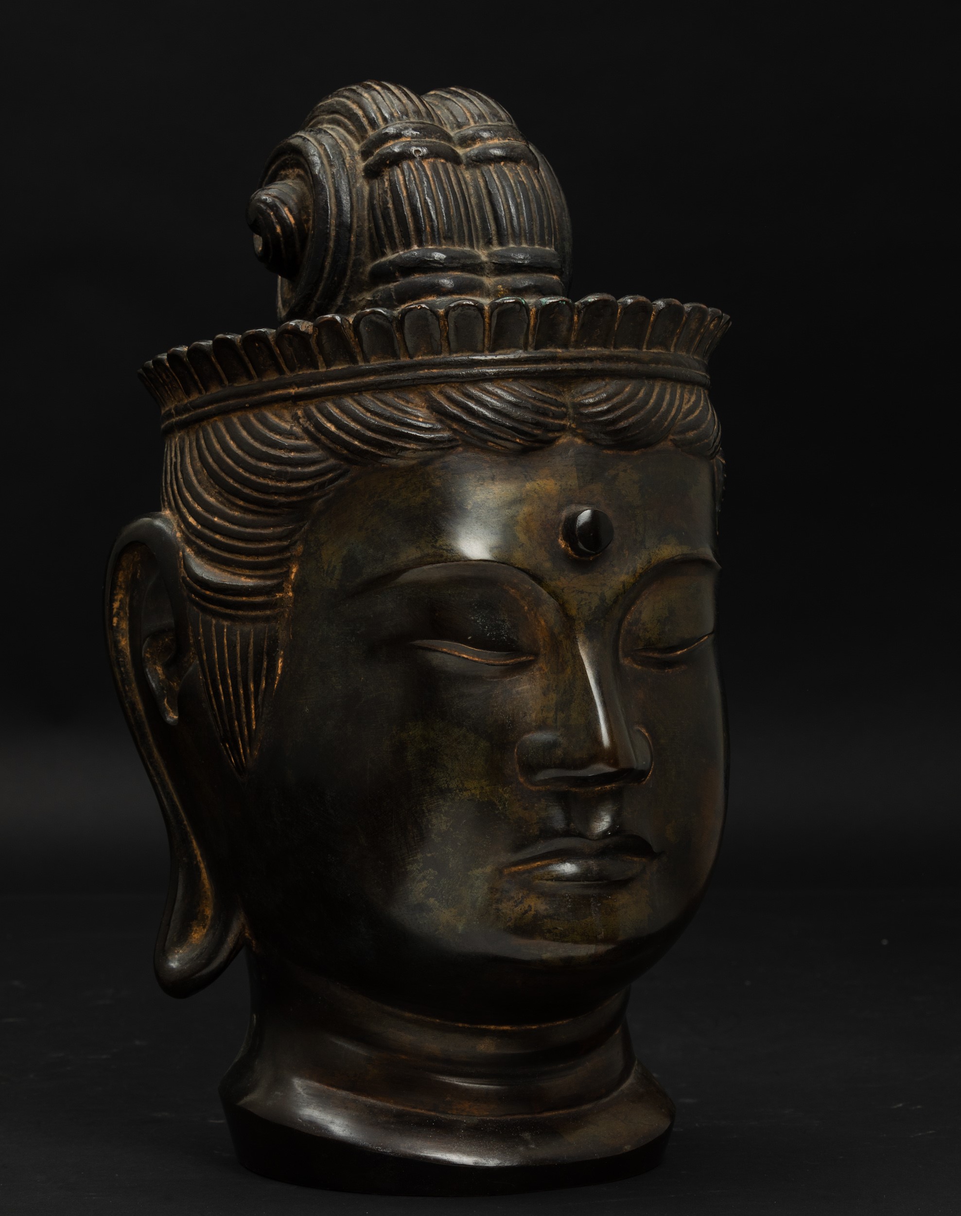 Testa di Buddha in Bronzo con Tracce in Doratura, Cina, XX Secolo