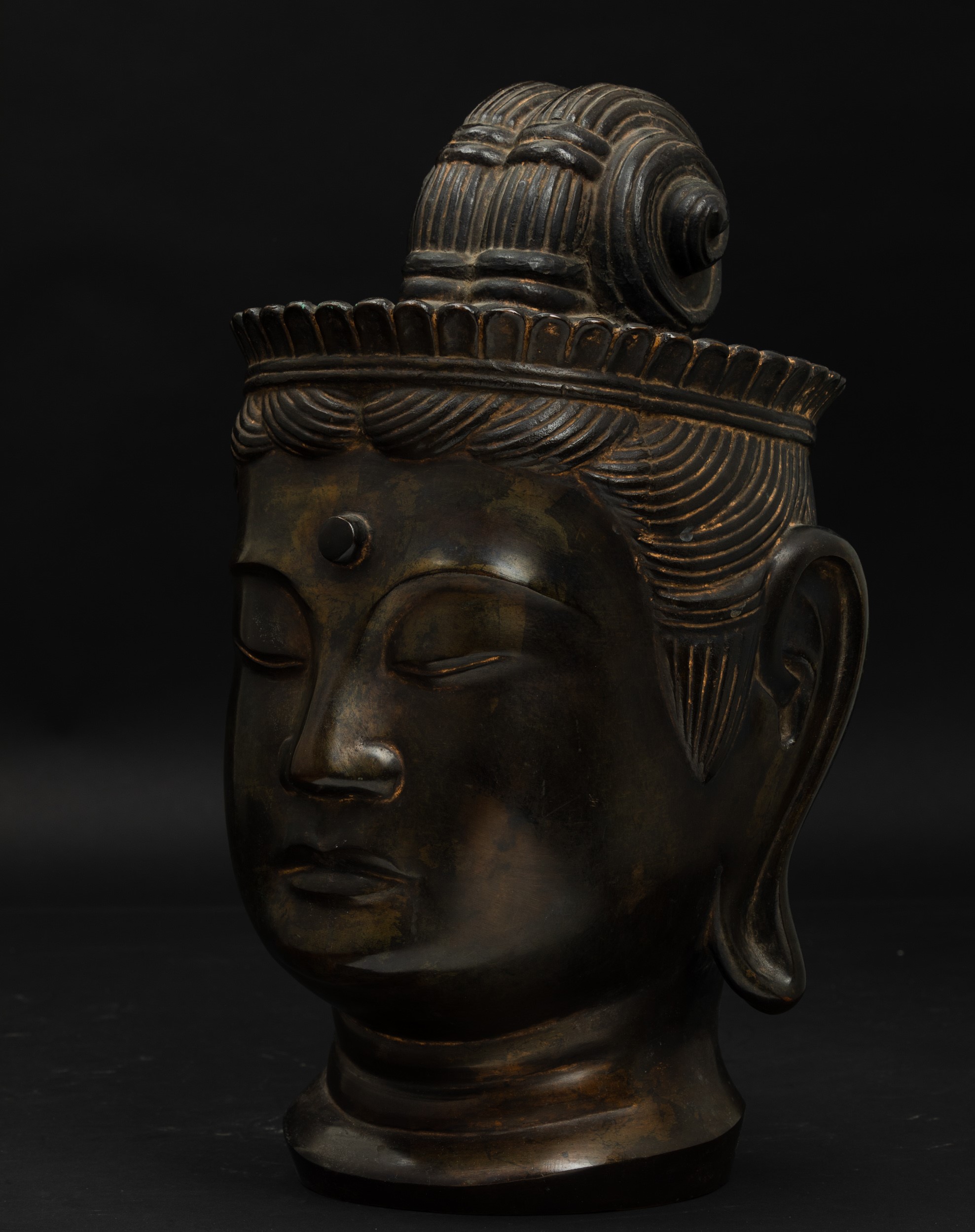 Testa di Buddha in Bronzo con Tracce in Doratura, Cina, XX Secolo