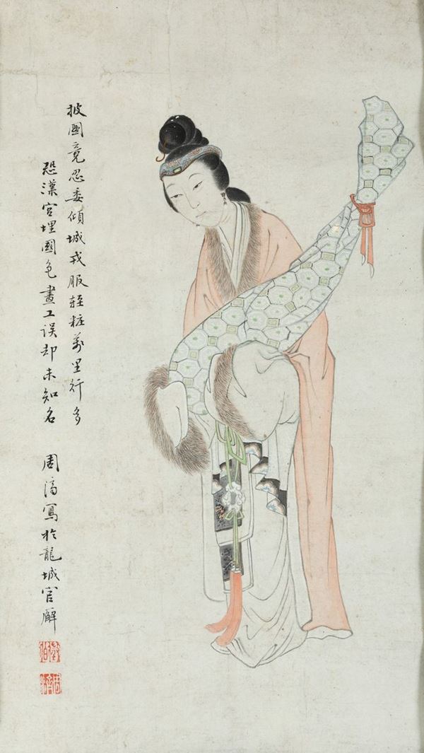 Dipinto su carta raffigurante fanciullo con stendardo e iscrizione, Cina, Dinastia Qing, XIX secolo
