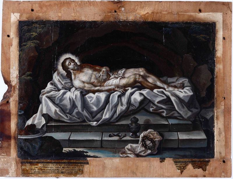 Scuola del XVI secolo Cristo deposto  - olio su pergamena applicata su tavola - Asta Dipinti Antichi | Cambi Time - Cambi Casa d'Aste