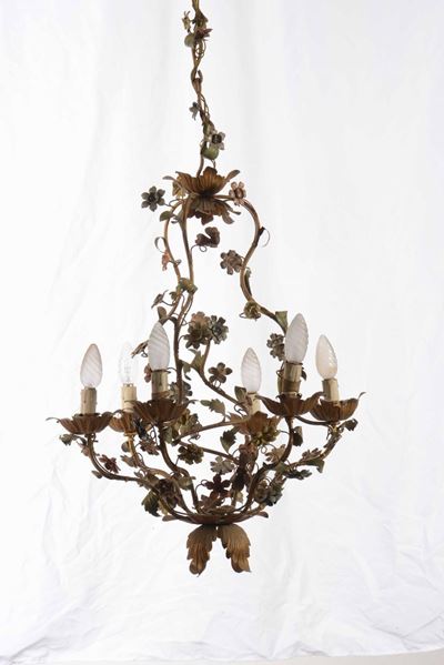 Lampadario in Metallo Smaltato a Sei Luci con Decorazioni Floreali, XX Secolo