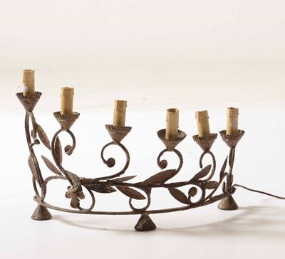 Candelabro a Sei Luci in Ferro Battuto con Struttura Demilune, XX Secolo