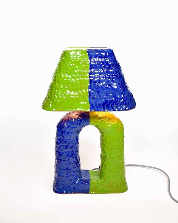 Keyhole lamp with cobalt and green glazes