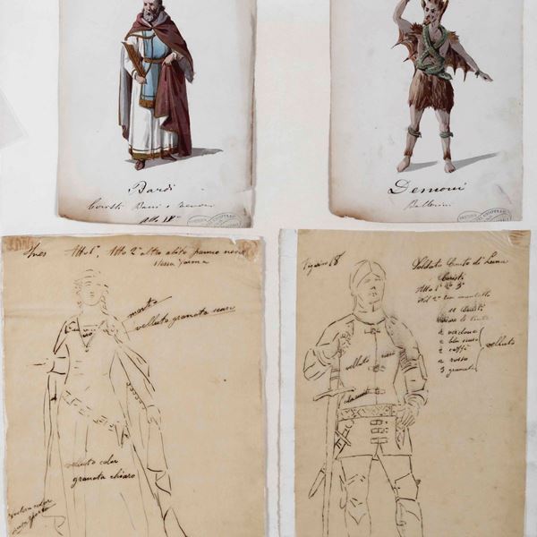 Scuola del XIX secolo Figurini per il Macbeth e per il Trovatore di Verdi. Sartoria Teatrale Brunetti Chiappa