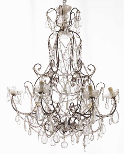Lampadario in Metallo a Sei Luci con Pendenti in Vetro, XX Secolo