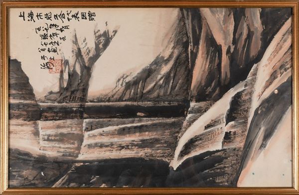 Dipinto su carta raffigurante soggetto naturalistico con iscrizione, Cina, XX secolo