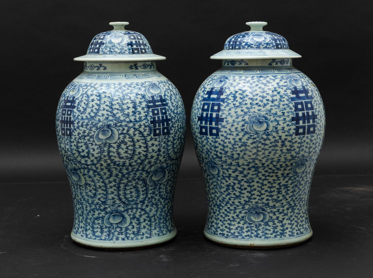 Coppia di Potiches in Porcellana Bianca e Blu con Decori Floreali e Ideogrammi, Cina, Dinastia Qi...