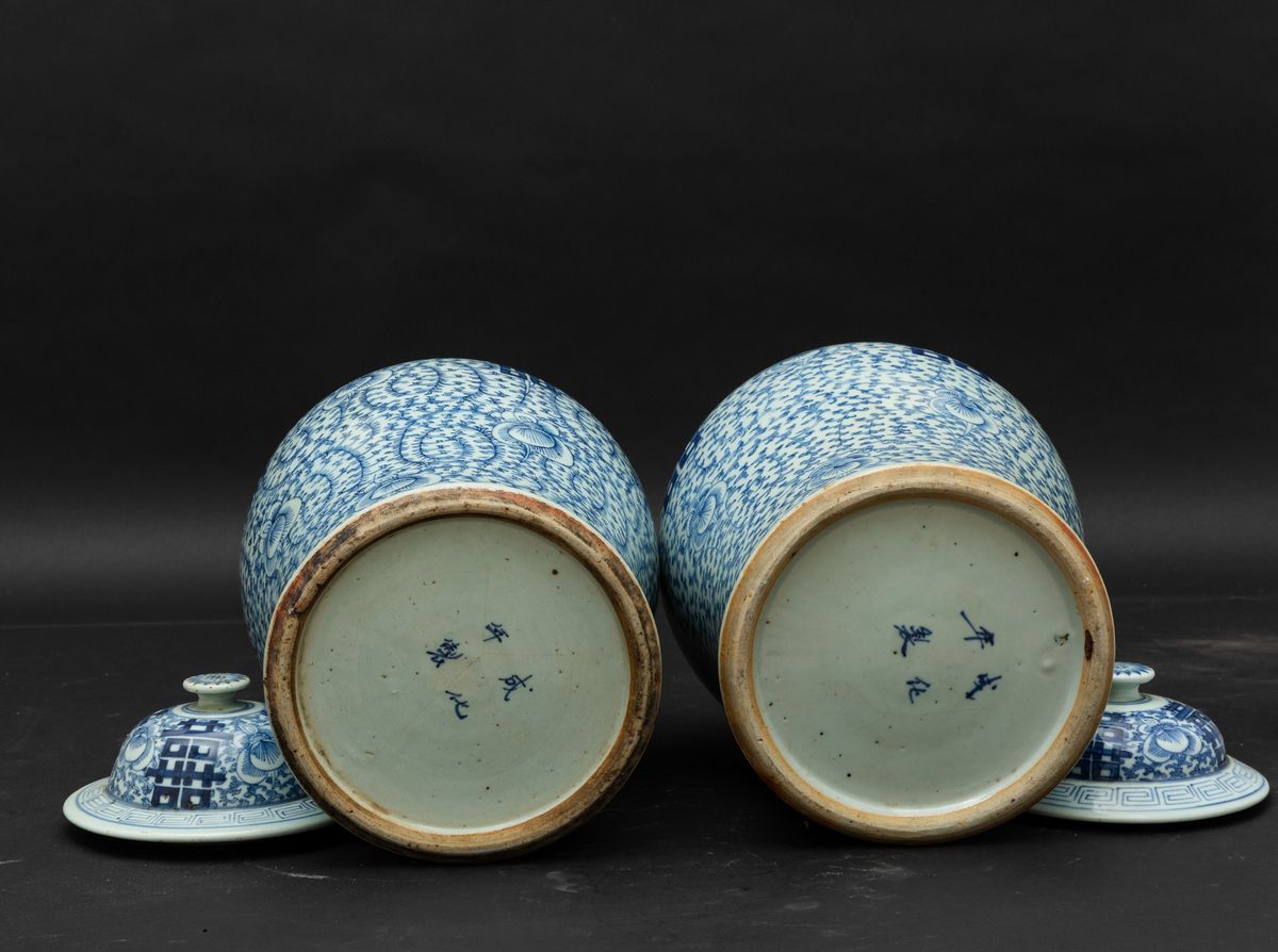 Coppia di Potiches in Porcellana Bianca e Blu con Decori Floreali e Ideogrammi, Cina, Dinastia Qi...